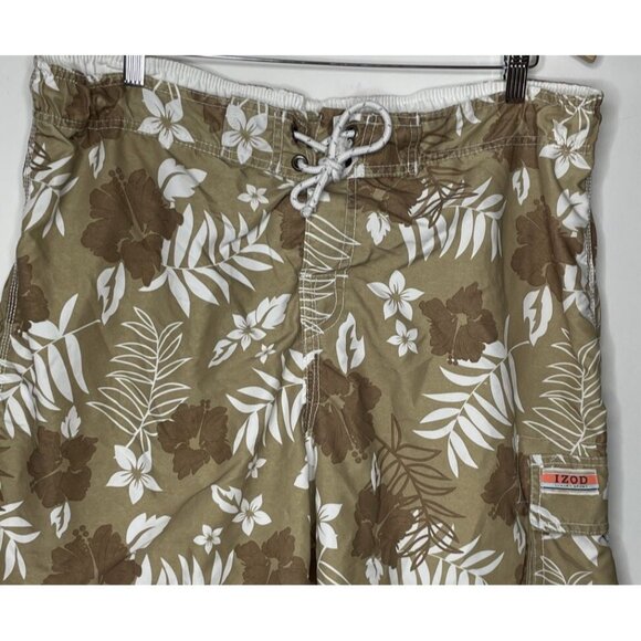 IZOD Men’s XL Hawaiian Print Tan and White 40” X 8.5” Cargo Pocket Swim Trunks - Picture 1 of 10